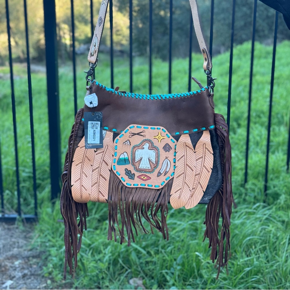 American Darling Eagle Feather Moon Hand Painted Leather Fringe Crossbody Purse - Picture 3 of 9